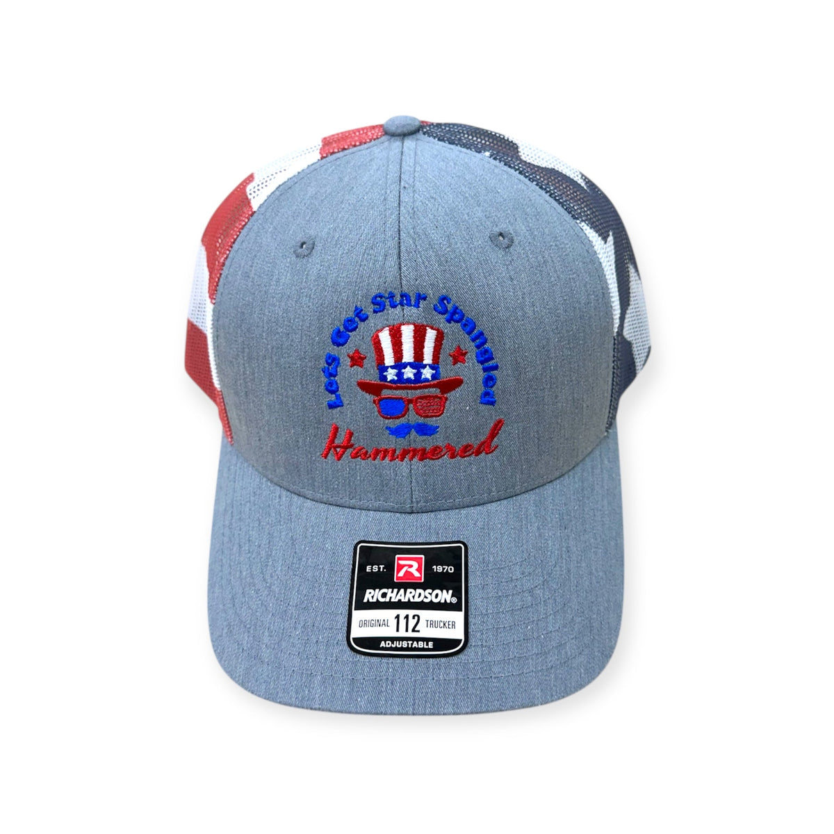 Front view of Star Spangled Hammered embroidered cap by Horizon Hat Co. in richardson 112pm stars & stripes showing let's get star spangled hammered patriotic embroidery