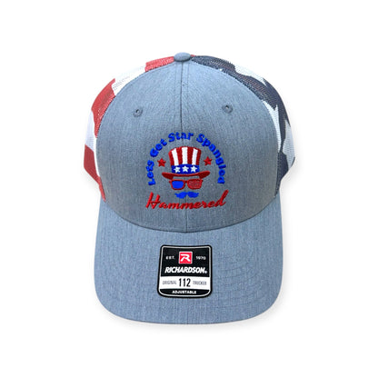 Front view of Star Spangled Hammered embroidered cap by Horizon Hat Co. in richardson 112pm stars & stripes showing let's get star spangled hammered patriotic embroidery