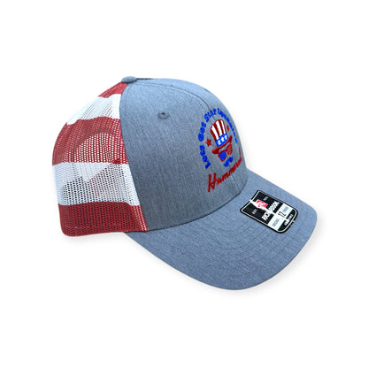 Angled view of Star Spangled Hammered embroidered cap by Horizon Hat Co. in richardson 112pm stars & stripes showing the bill and side panels