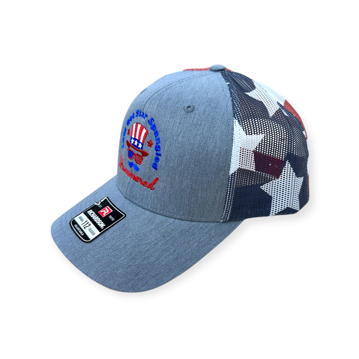 Side view of the Stars & Stripes Star Spangled Hammered trucker showing the printed flag mesh panels