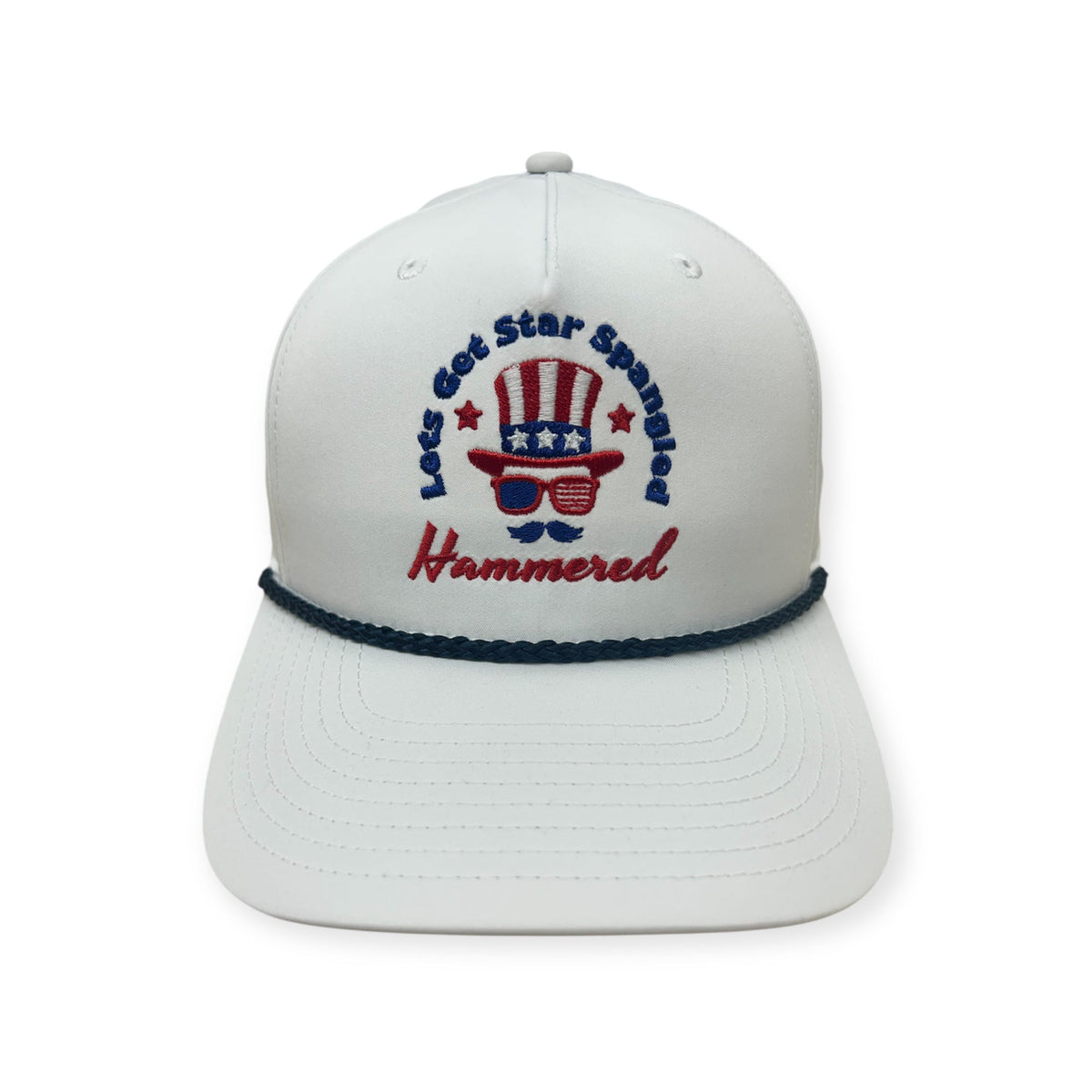 Front view of Star Spangled Hammered embroidered cap by Horizon Hat Co. in white showing let's get star spangled hammered patriotic embroidery