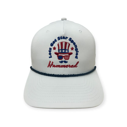 Front view of Star Spangled Hammered embroidered cap by Horizon Hat Co. in white showing let's get star spangled hammered patriotic embroidery