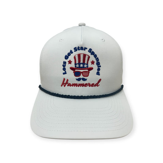 Front view of Star Spangled Hammered embroidered cap by Horizon Hat Co. in white showing let's get star spangled hammered patriotic embroidery