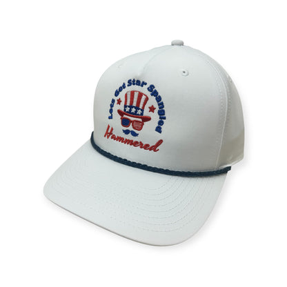 Angled view of Star Spangled Hammered embroidered cap by Horizon Hat Co. in white showing the bill and side panels