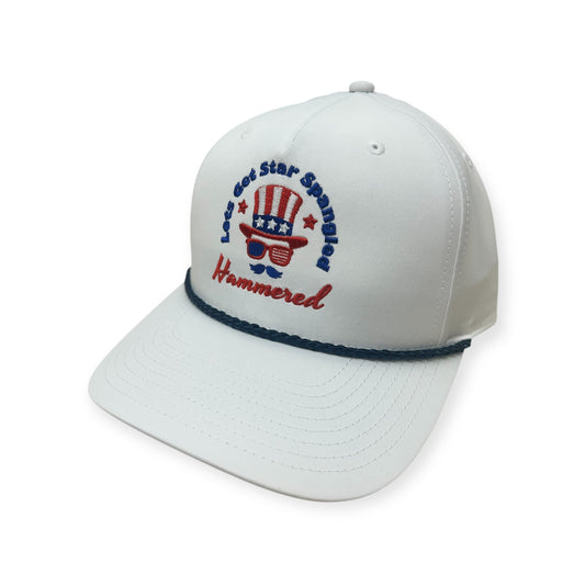 Angled view of Star Spangled Hammered embroidered cap by Horizon Hat Co. in white showing the bill and side panels