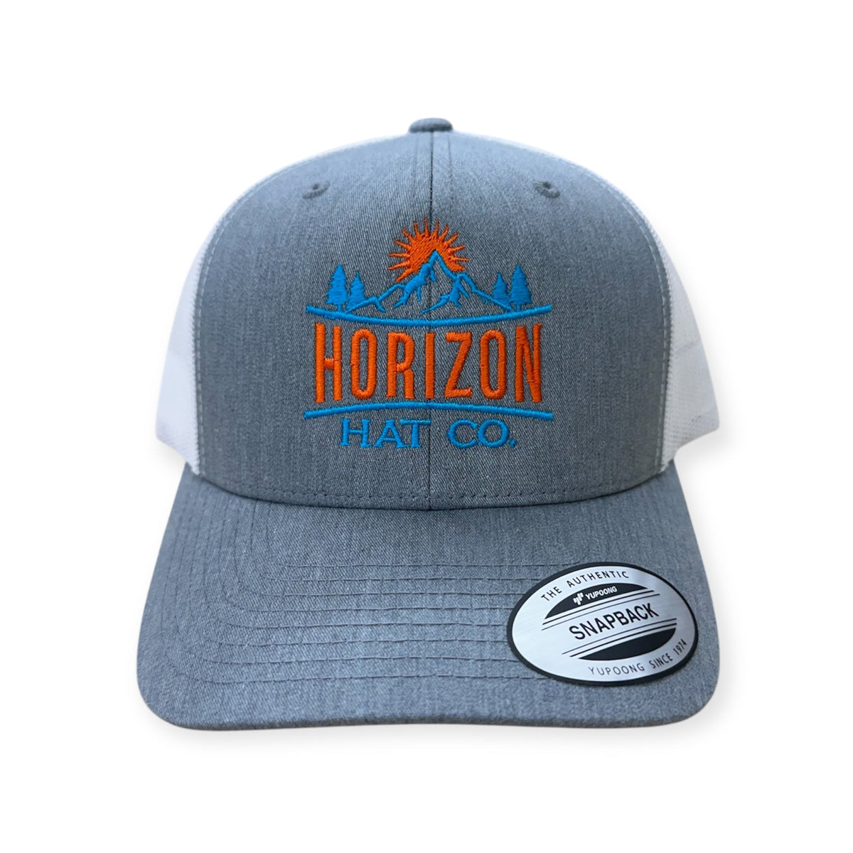 Heather gray and white Horizon embroidered cap with orange and blue lettering