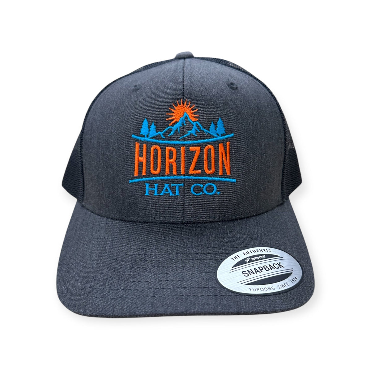 Dark heather gray and black Horizon cap with embroidered mountain logo