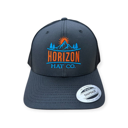 Charcoal and black Horizon embroidered trucker with orange and blue stitching