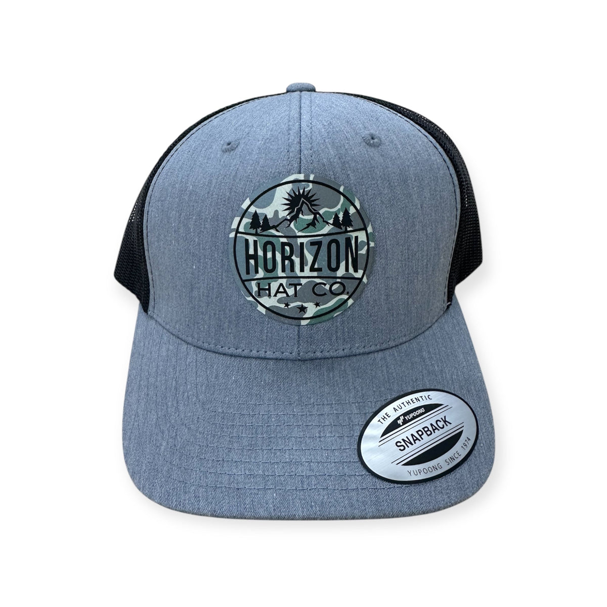 Heather gray and black Horizon cap with a Low Tide logo patch