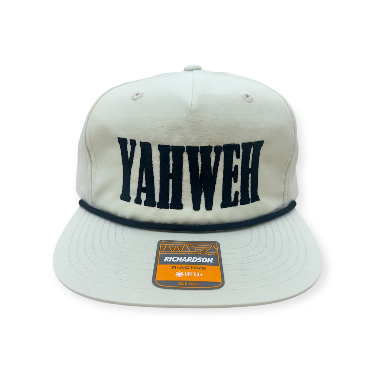 Straight-on view of Horizon Hat Co. YAHWEH embroidered Richardson 256 rope cap in White/Black