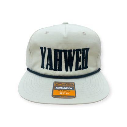 Straight-on view of Horizon Hat Co. YAHWEH embroidered Richardson 256 rope cap in White/Black
