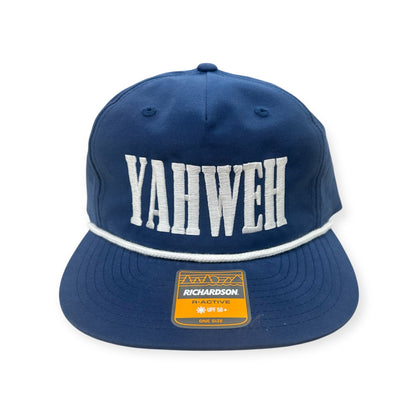 Straight-on view of Horizon Hat Co. YAHWEH embroidered Richardson 256 rope cap in Navy/White
