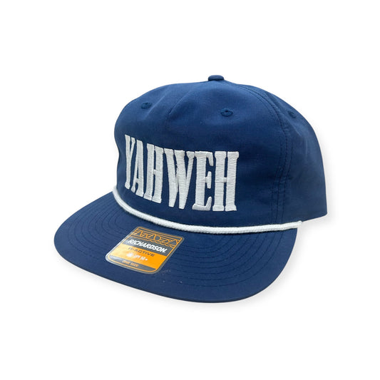Angled view of Horizon Hat Co. YAHWEH embroidered Richardson 256 rope cap in Navy/White