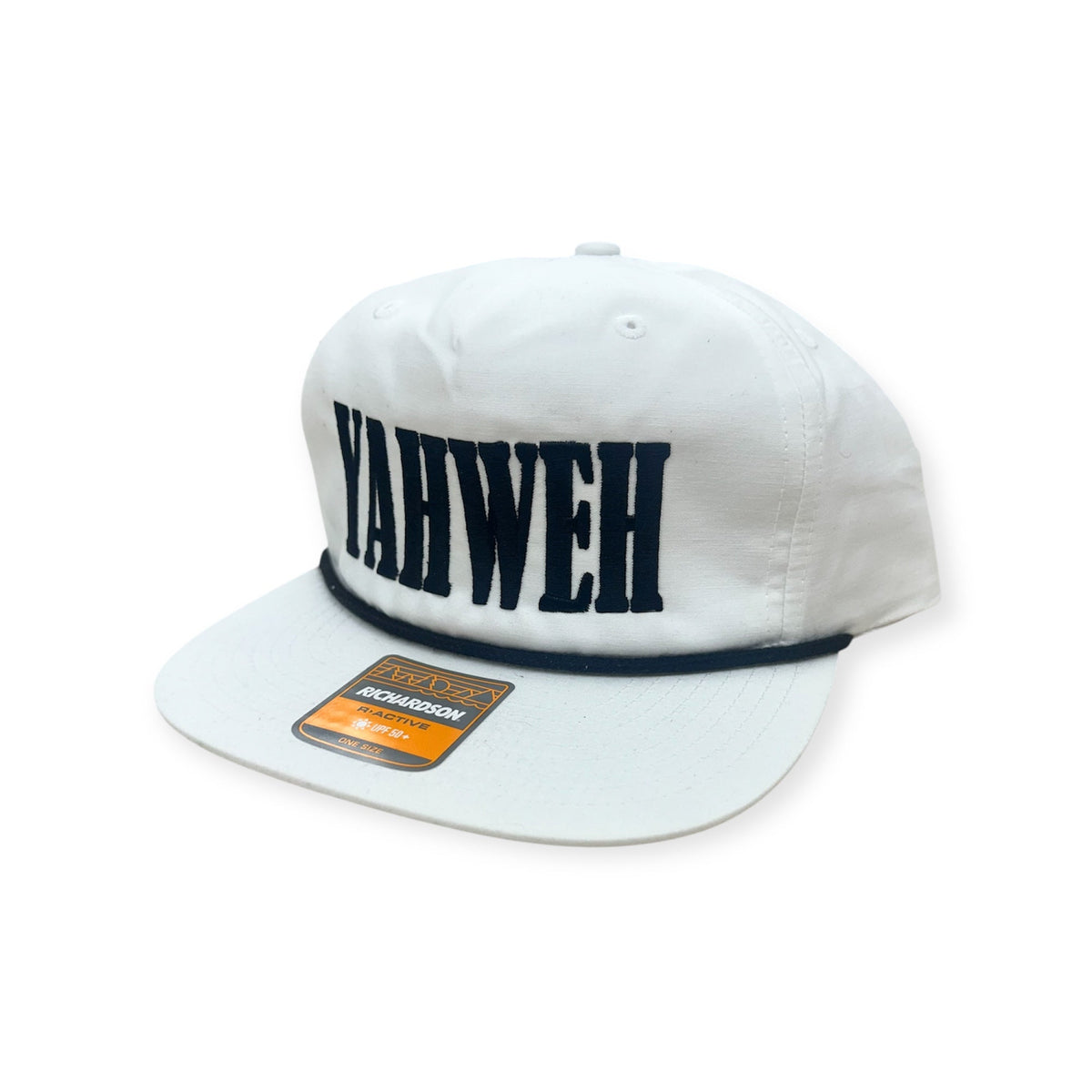 Angled view of Horizon Hat Co. YAHWEH embroidered Richardson 256 rope cap in Birch/Black