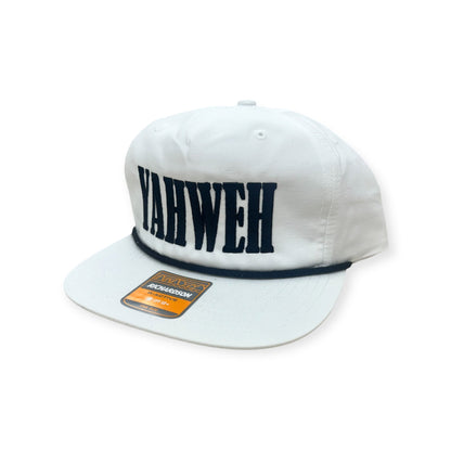 Angled view of Horizon Hat Co. YAHWEH embroidered Richardson 256 rope cap in Birch/Black