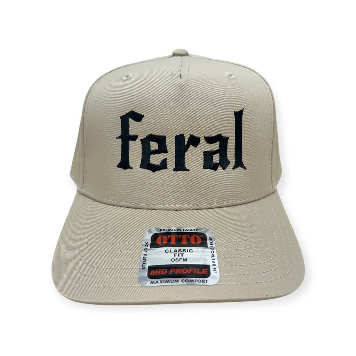 Front view of Feral embroidered cap by Horizon Hat Co. in khaki showing feral front embroidery