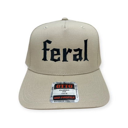 Front view of Feral embroidered cap by Horizon Hat Co. in khaki showing feral front embroidery