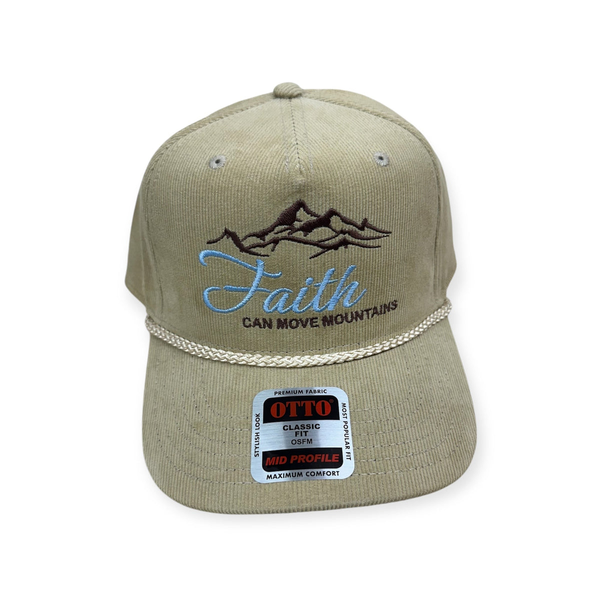 Front view of Faith Can Move Mountains embroidered cap by Horizon Hat Co. in tan showing faith can move mountains embroidery and mountain artwork