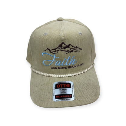 Front view of Faith Can Move Mountains embroidered cap by Horizon Hat Co. in tan showing faith can move mountains embroidery and mountain artwork