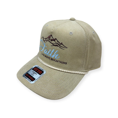Angled view of Faith Can Move Mountains embroidered cap by Horizon Hat Co. in tan showing the rope detail and side profile