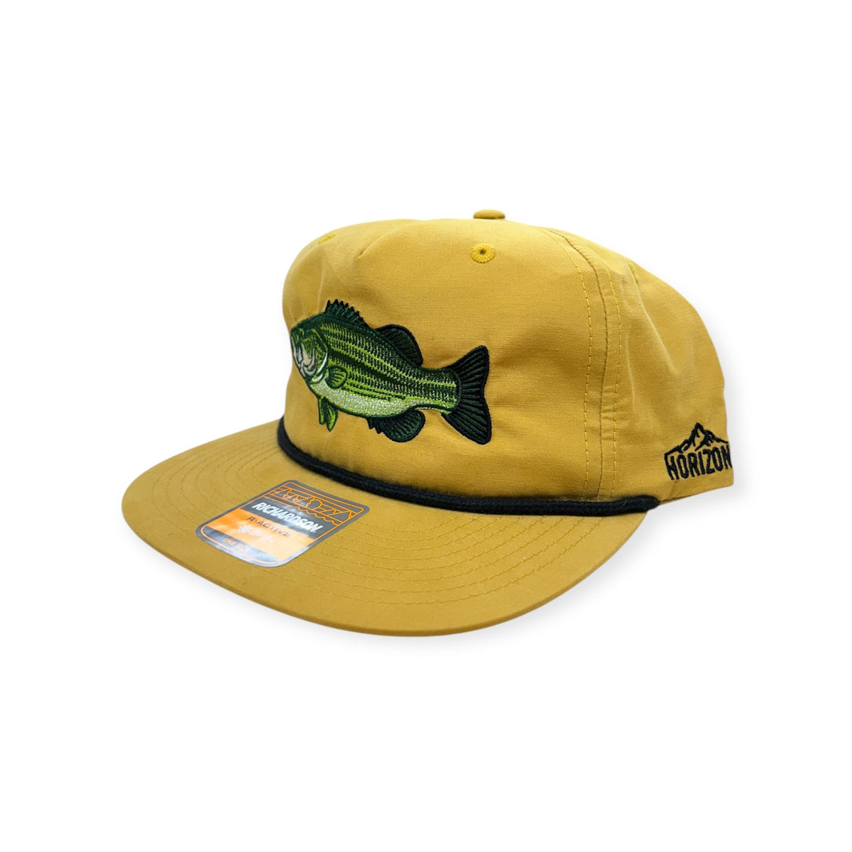 Angled view of Largemouth Bass embroidered cap by Horizon Hat Co. in biscuit showing the rope detail and side profile