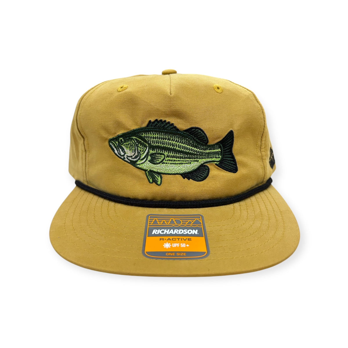Front view of Largemouth Bass embroidered cap by Horizon Hat Co. in biscuit showing large embroidered bass artwork