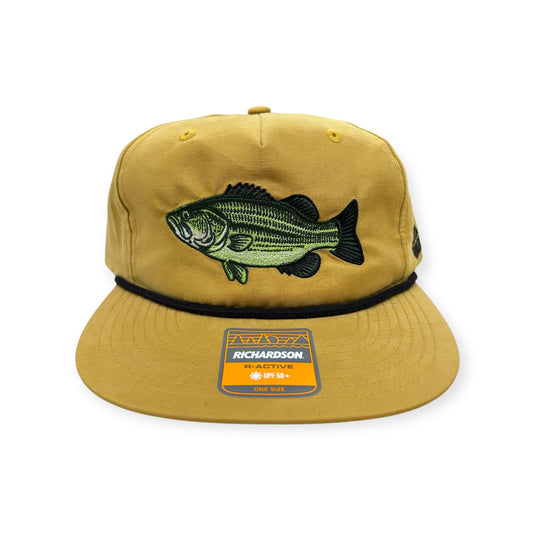 Front view of Largemouth Bass embroidered cap by Horizon Hat Co. in biscuit showing large embroidered bass artwork