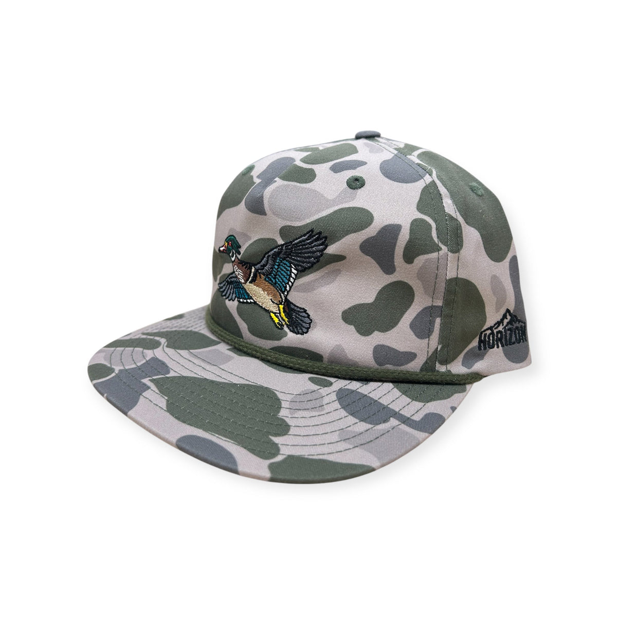 Angled view of the Marsh Duck Camo Wood Duck cap with a black rope and flat bill