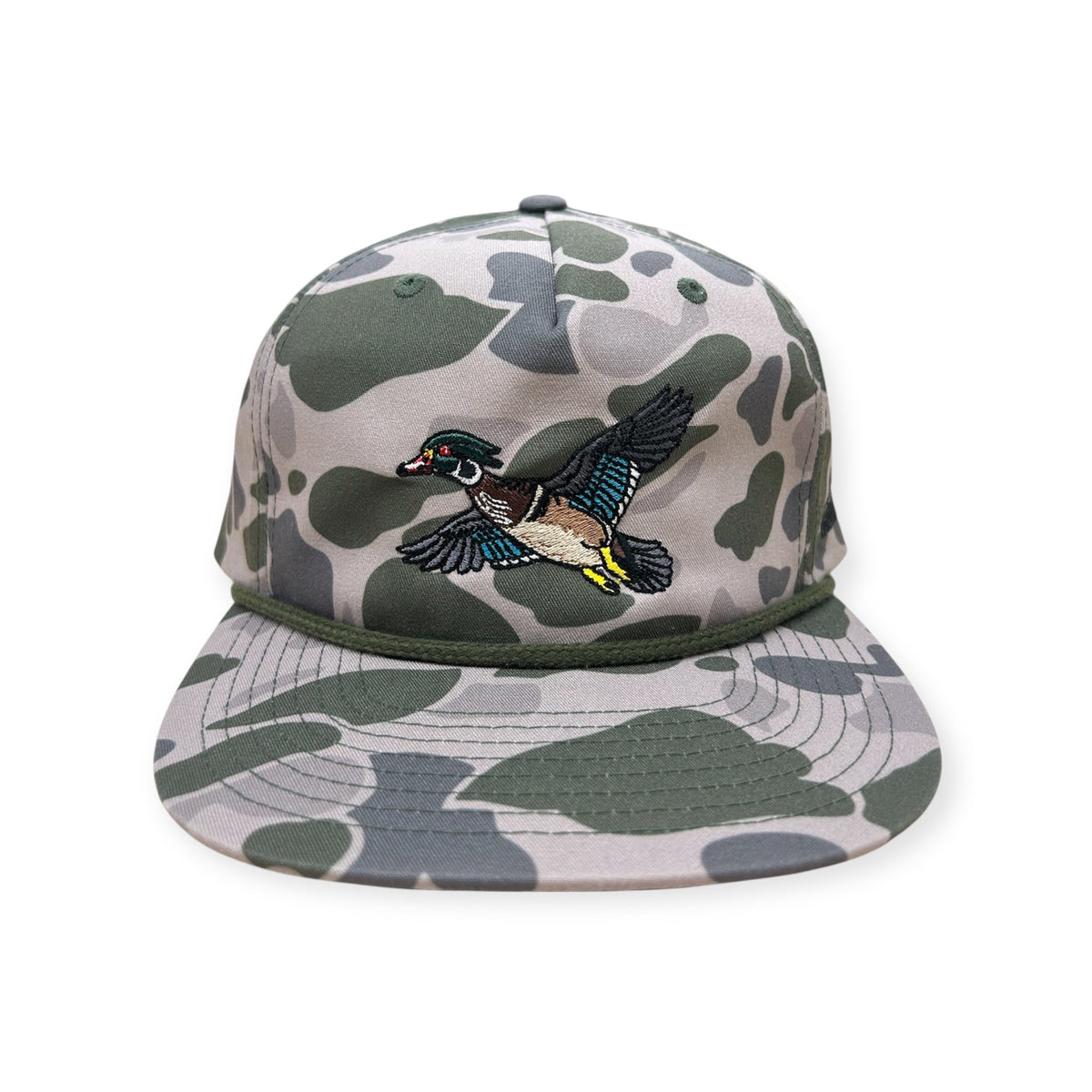 Horizon Hat Co. Wood Duck rope snapback in Marsh Duck Camo, front view