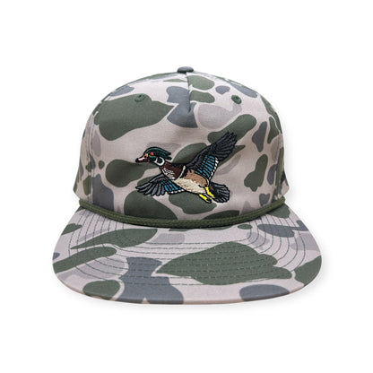 Horizon Hat Co. Wood Duck rope snapback in Marsh Duck Camo, front view