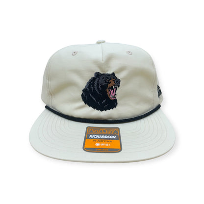 Front view of Black Bear embroidered cap by Horizon Hat Co. in cream/black rope showing detailed roaring black bear embroidery