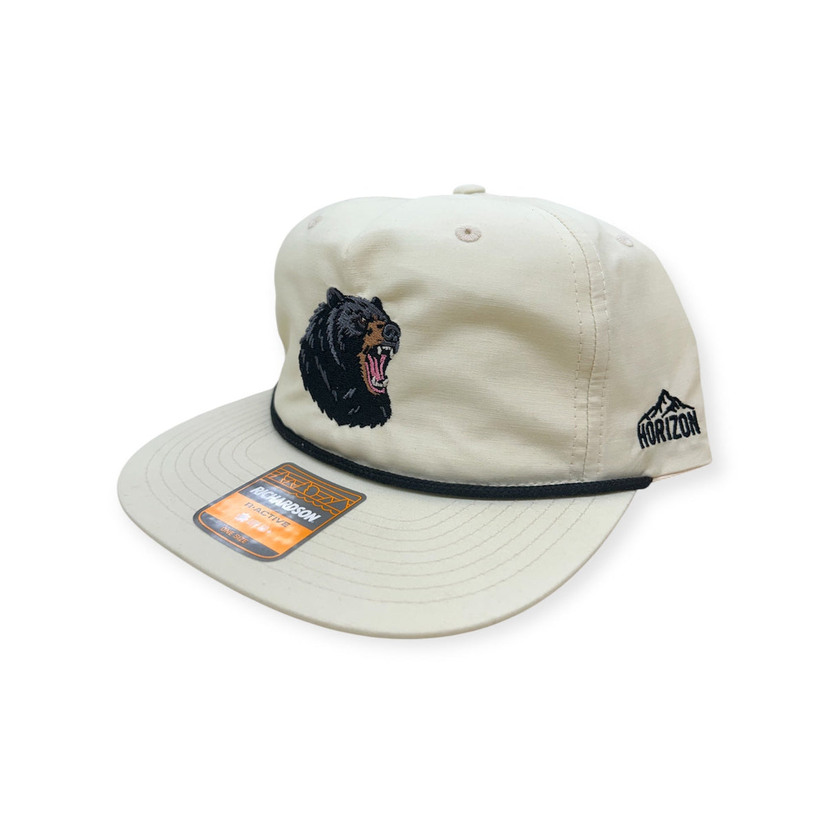 Angled view of Black Bear embroidered cap by Horizon Hat Co. in cream/black rope showing the rope detail and side profile