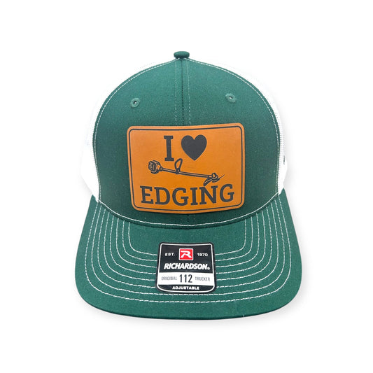 Front view of I Love Edging patch hat by Horizon Hat Co. in dark green/white showing weedeater graphic with i love edging lettering