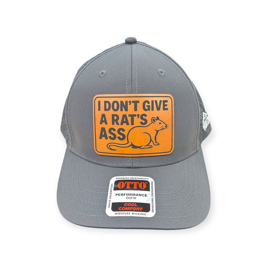 Front view of I Don't Give a Rat's Ass patch hat by Horizon Hat Co. in gray showing rat illustration and adult-humor front patch