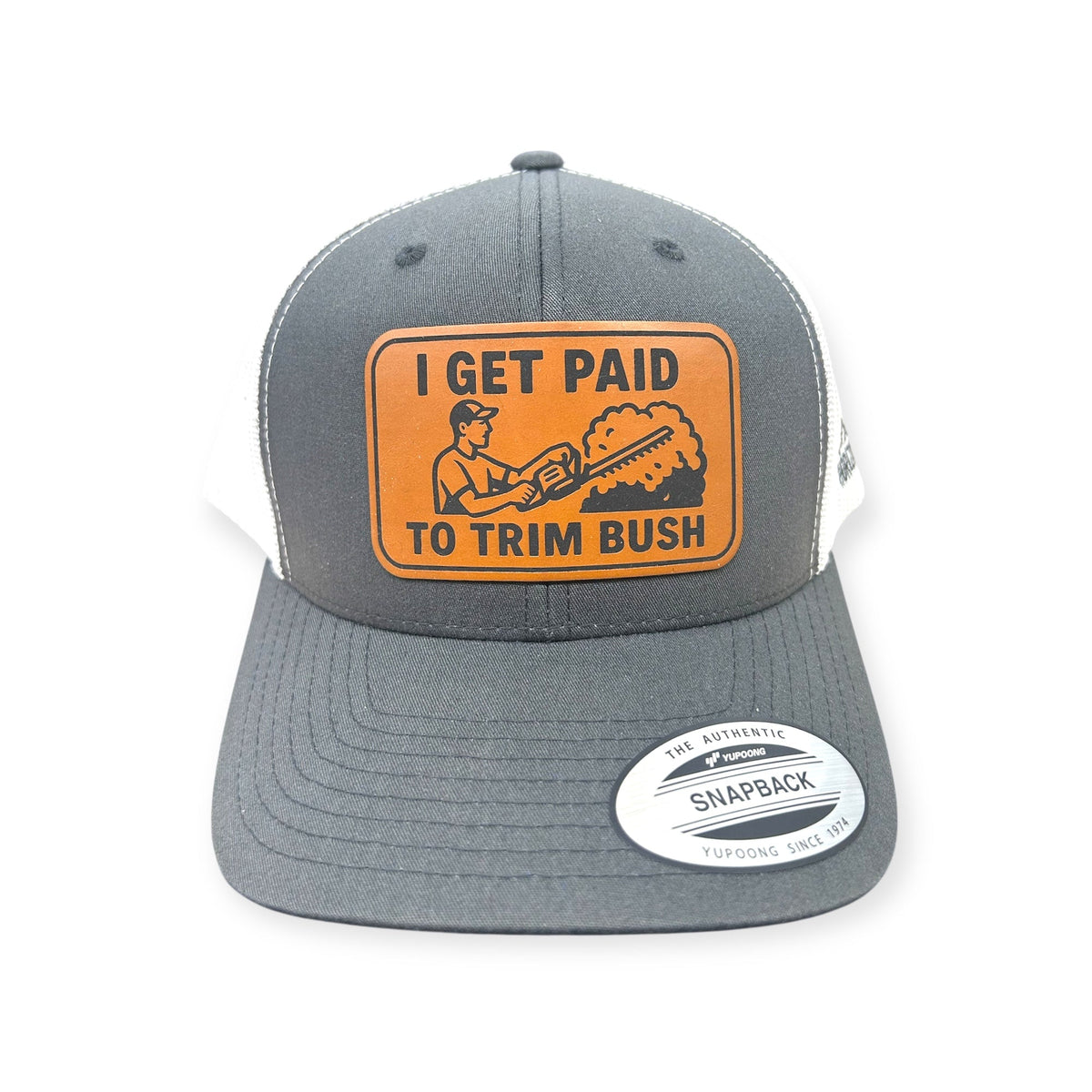 Front view of I Get Paid to Trim Bush patch hat by Horizon Hat Co. in gray/white showing hedge-trimming figure and landscaping-humor patch