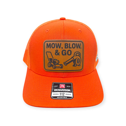 Front view of Mow, Blow, & Go patch hat by Horizon Hat Co. in orange showing mower and leaf-blower artwork with landscaping-humor lettering