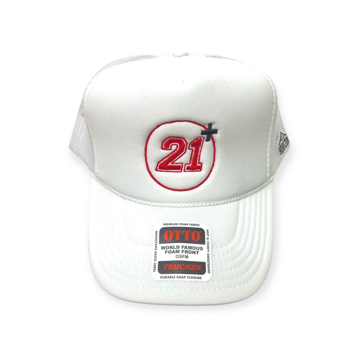 Front view of 21+ embroidered cap by Horizon Hat Co. in white/red lettering showing embroidered 21+ birthday-themed design