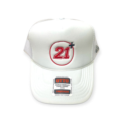 Front view of 21+ embroidered cap by Horizon Hat Co. in white/red lettering showing embroidered 21+ birthday-themed design