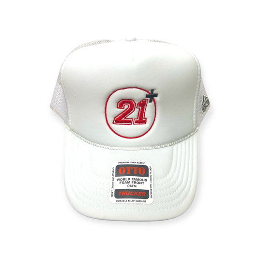 Front view of 21+ embroidered cap by Horizon Hat Co. in white/red lettering showing embroidered 21+ birthday-themed design