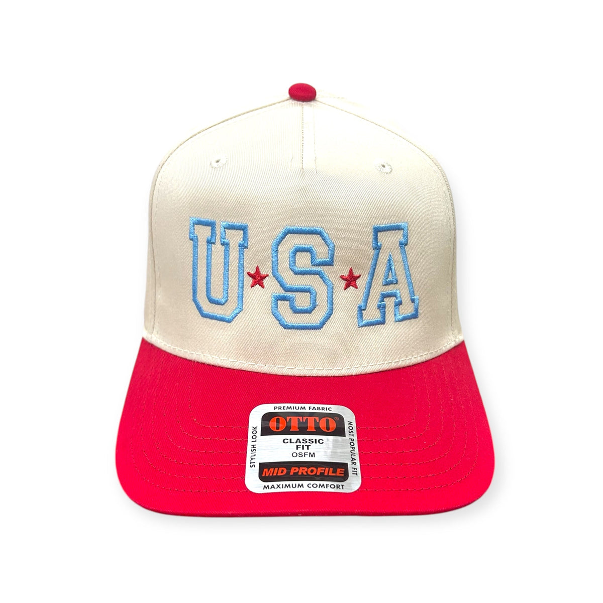 Front view of USA embroidered cap by Horizon Hat Co. in natural/red showing usa lettering embroidered in patriotic colors