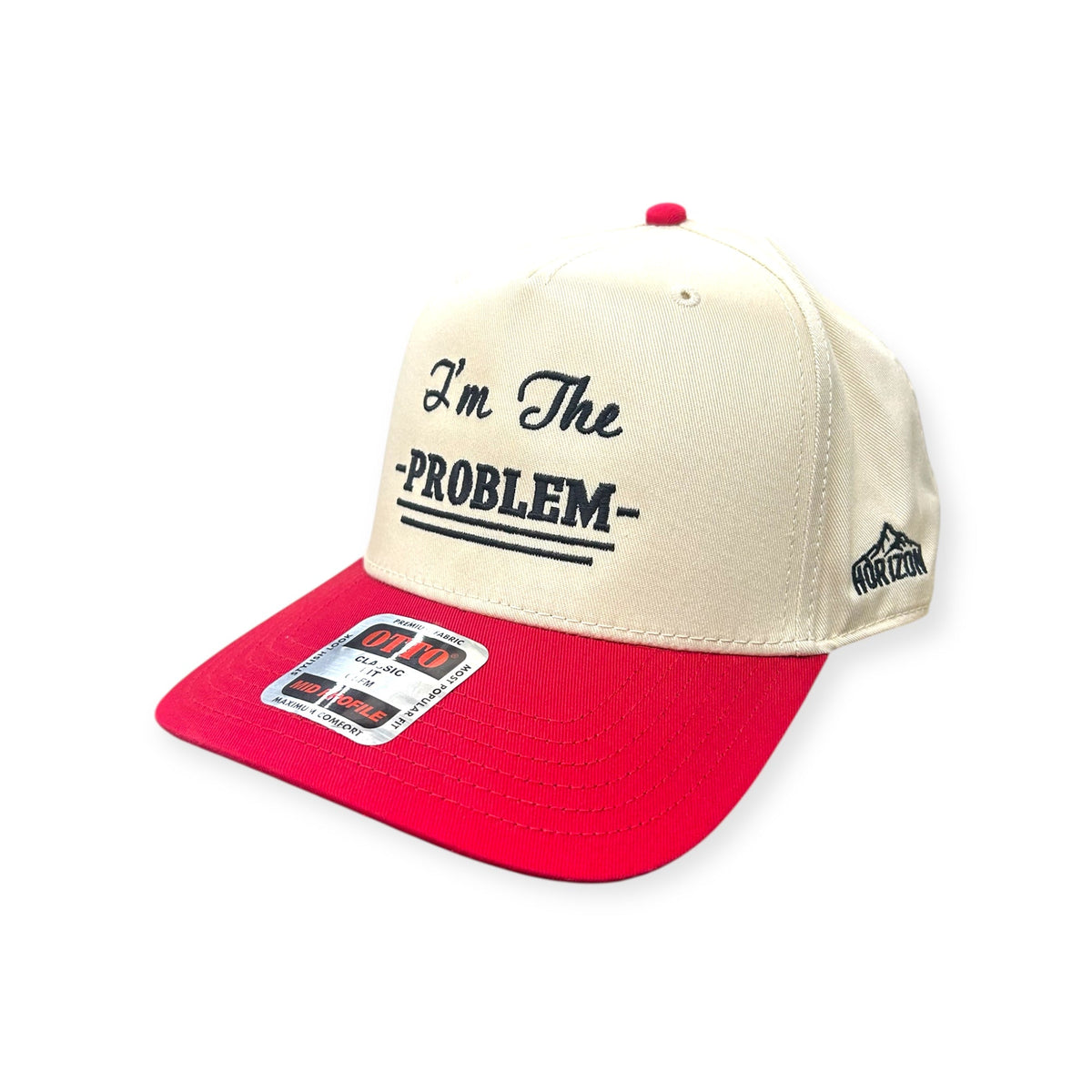 Angled view of I'm the Problem cap by Horizon Hat Co. in Natural/Red showing i'm the problem front embroidery