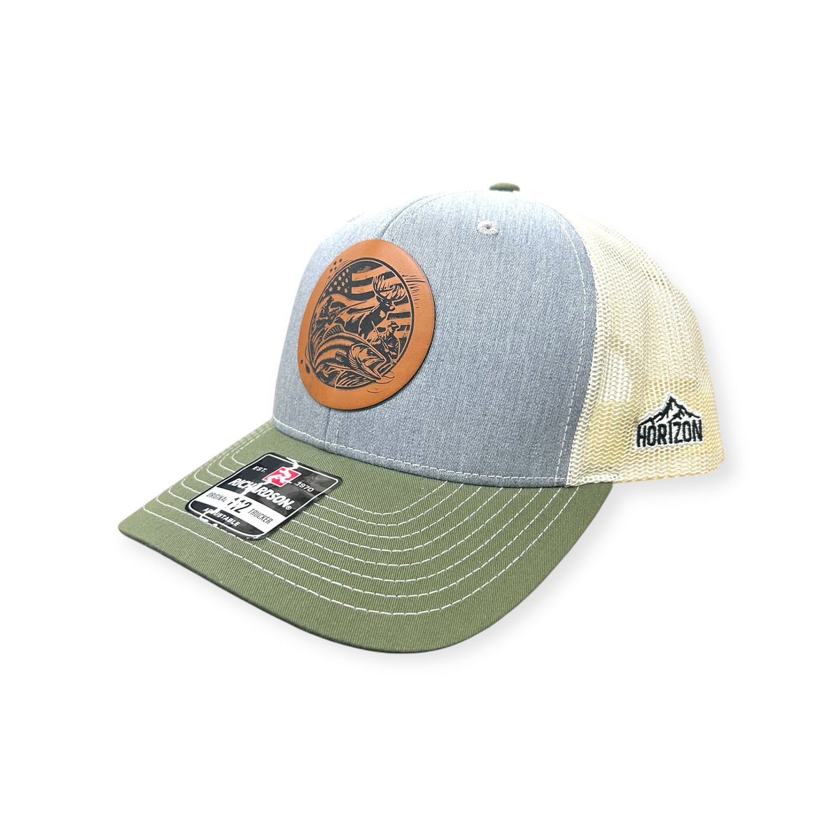 Angled view of Hunting & Fishing patch hat by Horizon Hat Co. in heather gray/birch/army olive showing the curved bill and side panels