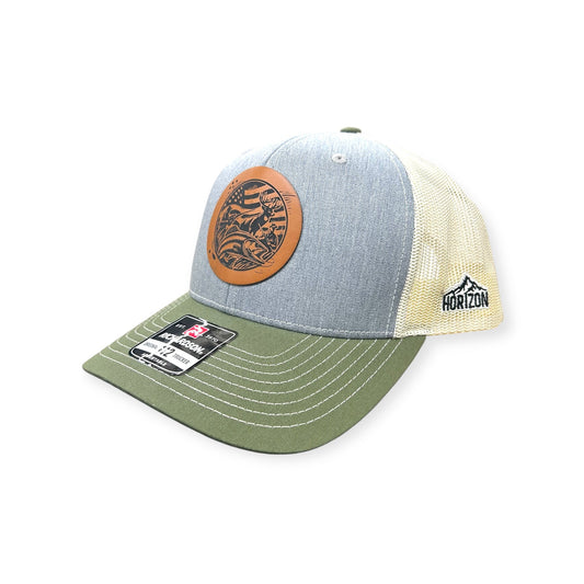 Angled view of Hunting & Fishing patch hat by Horizon Hat Co. in heather gray/birch/army olive showing the curved bill and side panels