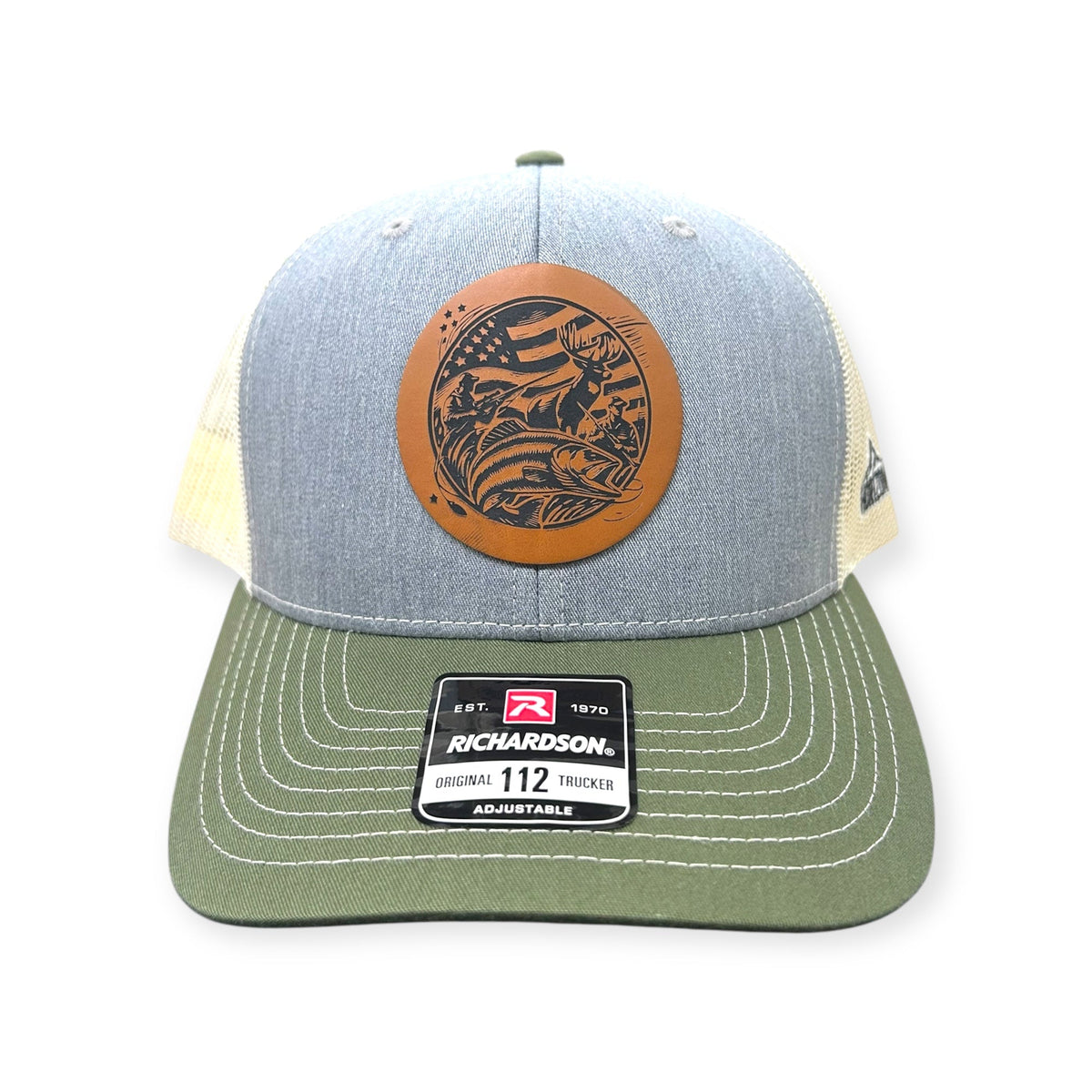 Front view of Hunting & Fishing patch hat by Horizon Hat Co. in heather gray/birch/army olive showing combined hunting and fishing patch artwork