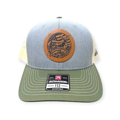 Front view of Hunting & Fishing patch hat by Horizon Hat Co. in heather gray/birch/army olive showing combined hunting and fishing patch artwork