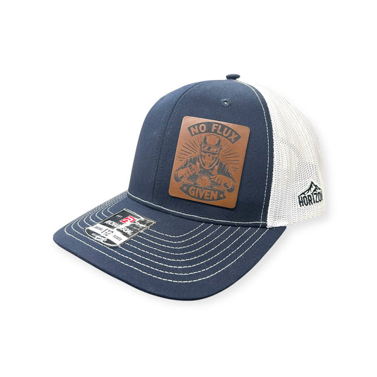 Angled view of No Flux Given patch hat by Horizon Hat Co. in navy/white showing the curved bill and side panels