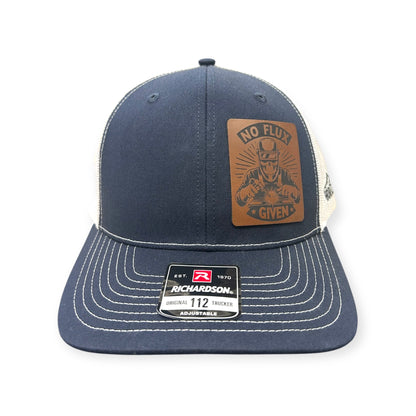 Front view of No Flux Given patch hat by Horizon Hat Co. in navy/white showing welding-themed no flux given patch