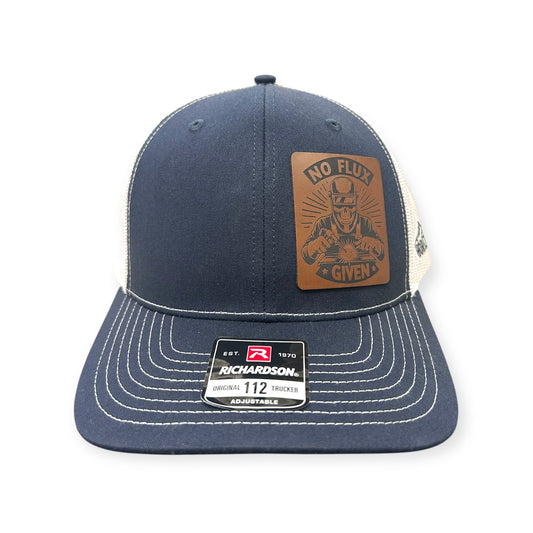Front view of No Flux Given patch hat by Horizon Hat Co. in navy/white showing welding-themed no flux given patch
