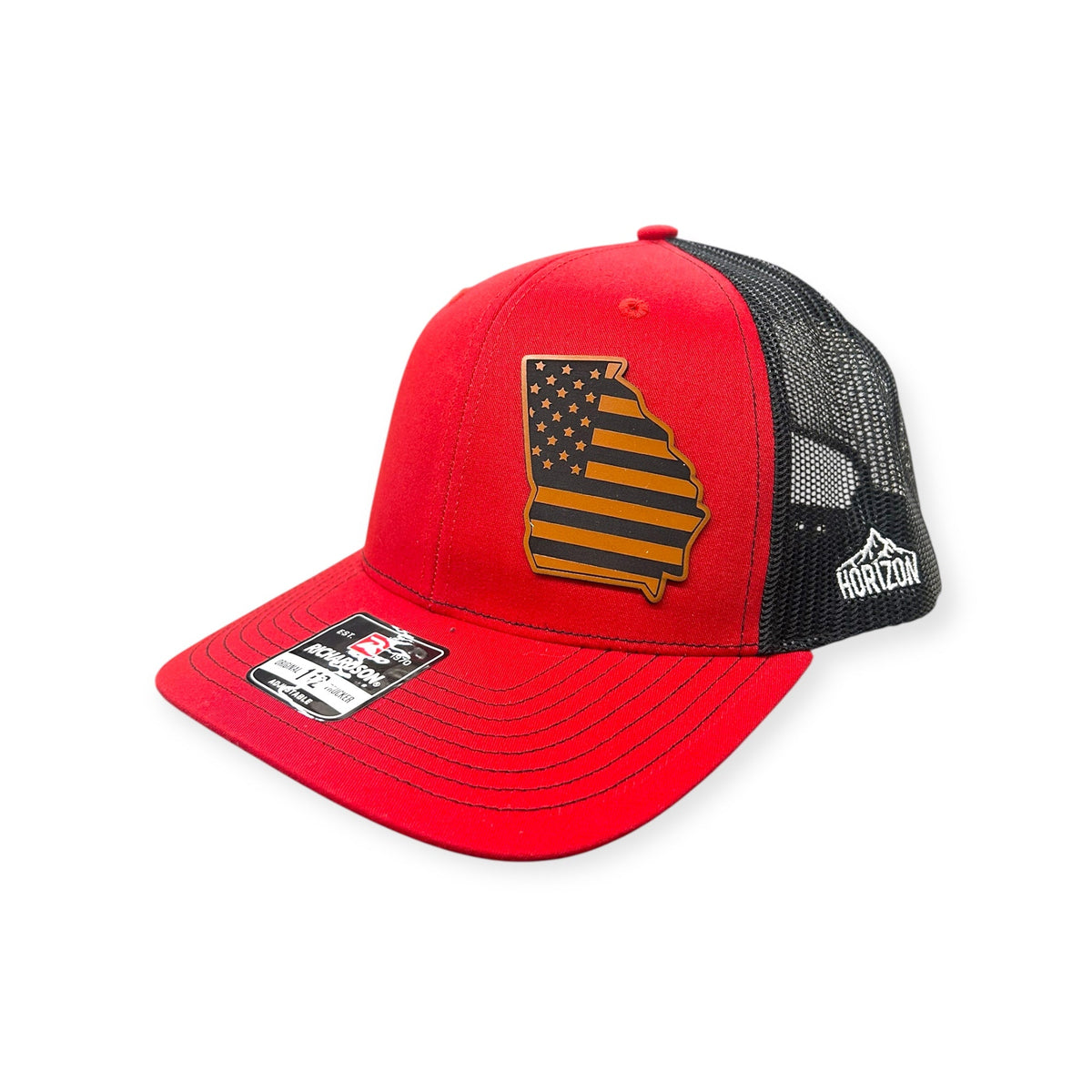 Angled view of Georgia US Flag patch hat by Horizon Hat Co. in red/black showing the bill and side panels