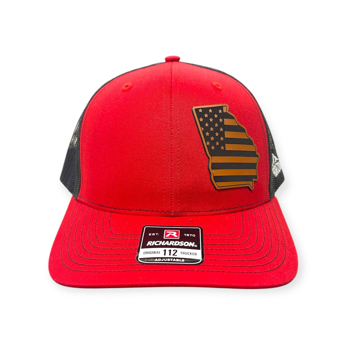 Front view of Georgia US Flag patch hat by Horizon Hat Co. in red/black showing american flag within a georgia-shaped patch